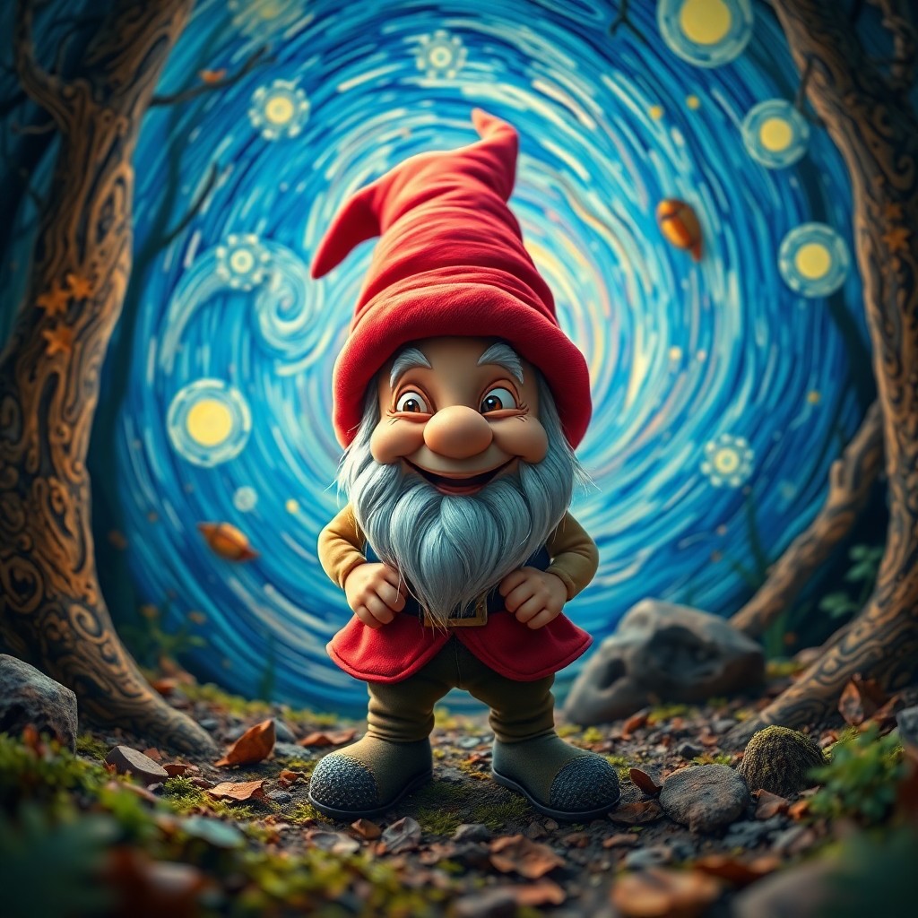 AI generated art for prompt: A whimsical portrait of a jovial yet mischievous gnome in an enchanted forest setting, rendered with