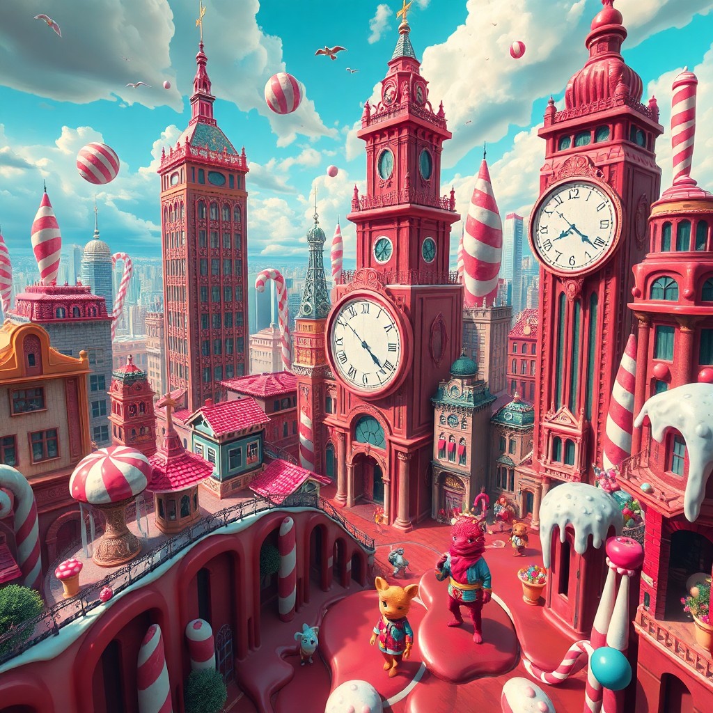 AI generated art for prompt: Visualize a surreal cityscape that merges elements of whimsical fantasy with a dreamlike, melting cl