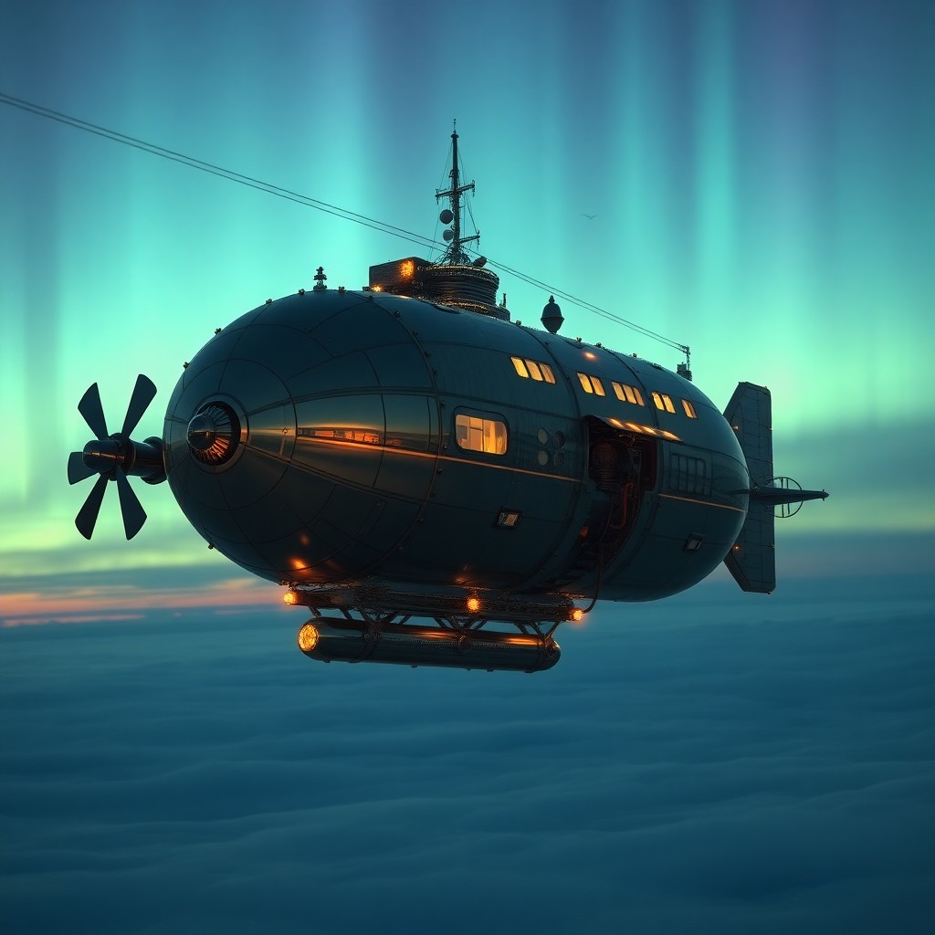 AI generated art for prompt: A futuristic steampunk airship gracefully soars through a captivating aurora borealis sky, its intri