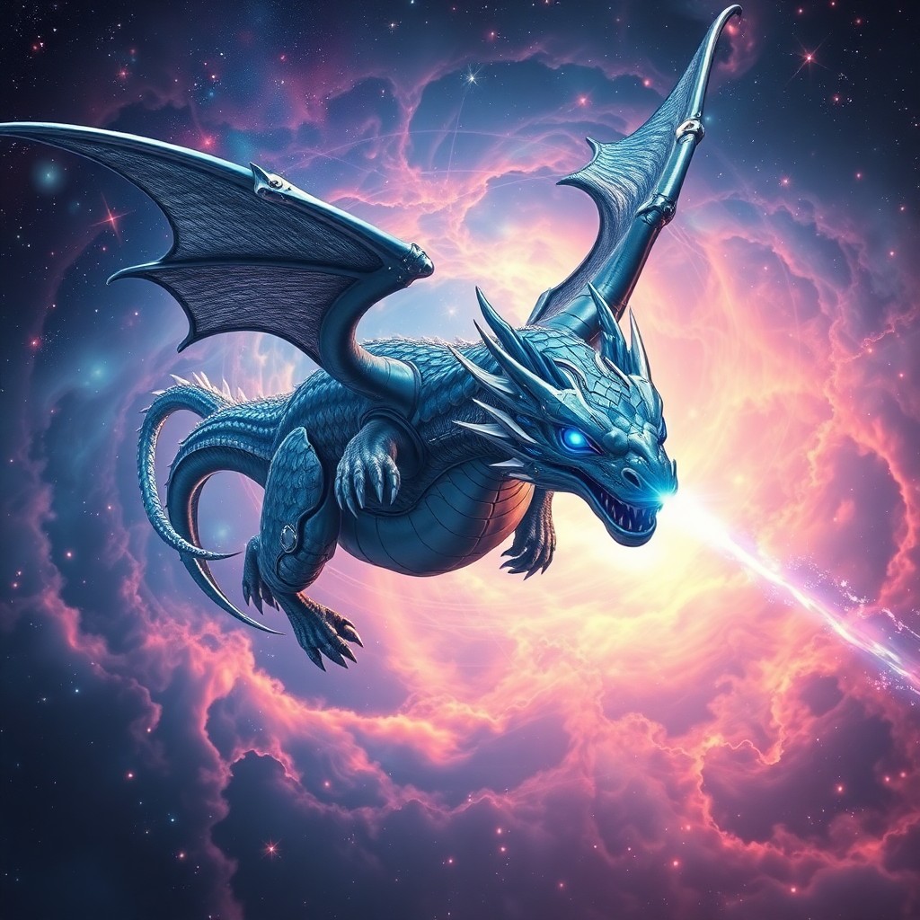 AI generated art for prompt: A surreal cosmic landscape depicting a majestic cybernetic dragon soaring through an ethereal nebula