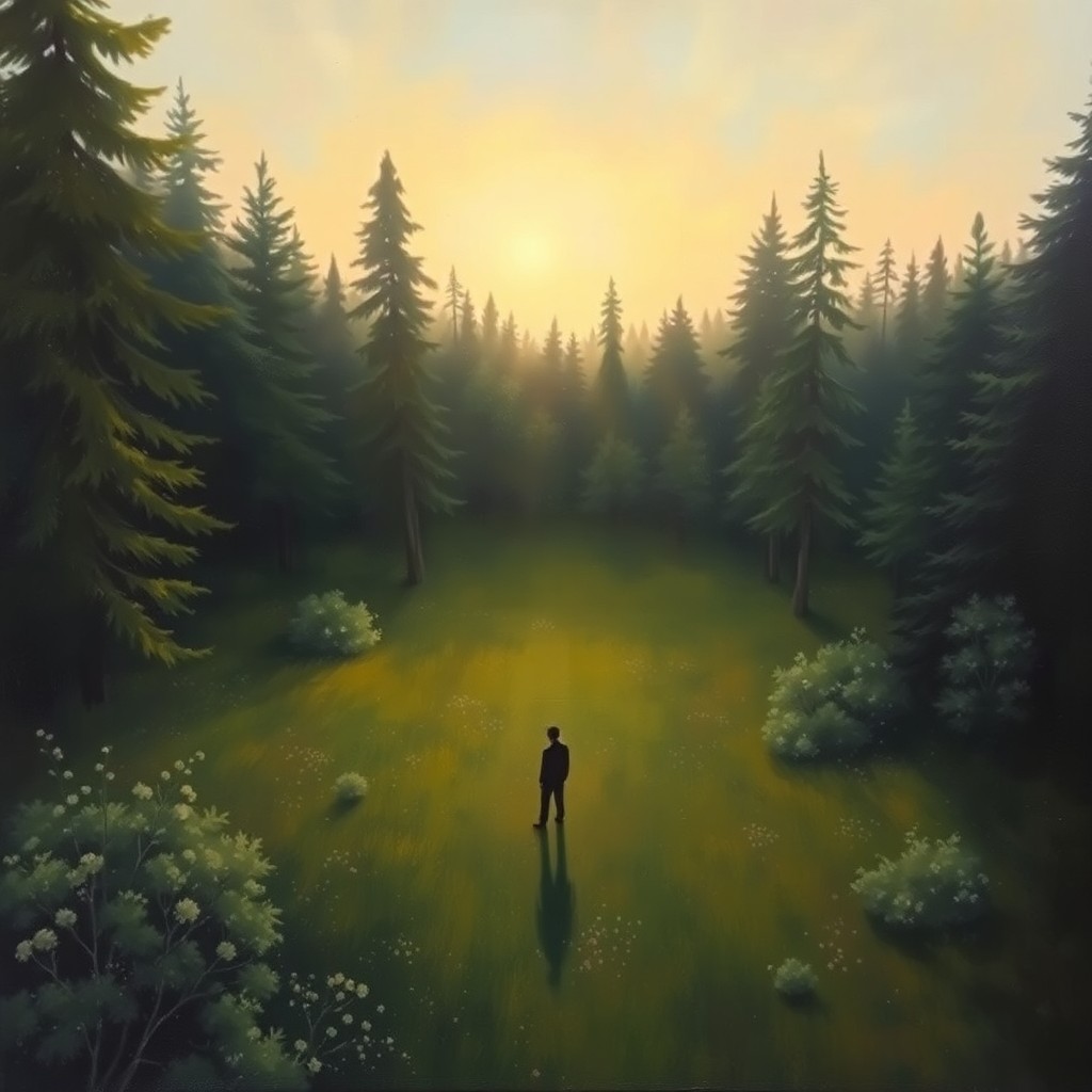 AI generated art for prompt: A serene oil painting captures a solitary figure in a forest clearing at dusk from an aerial perspec