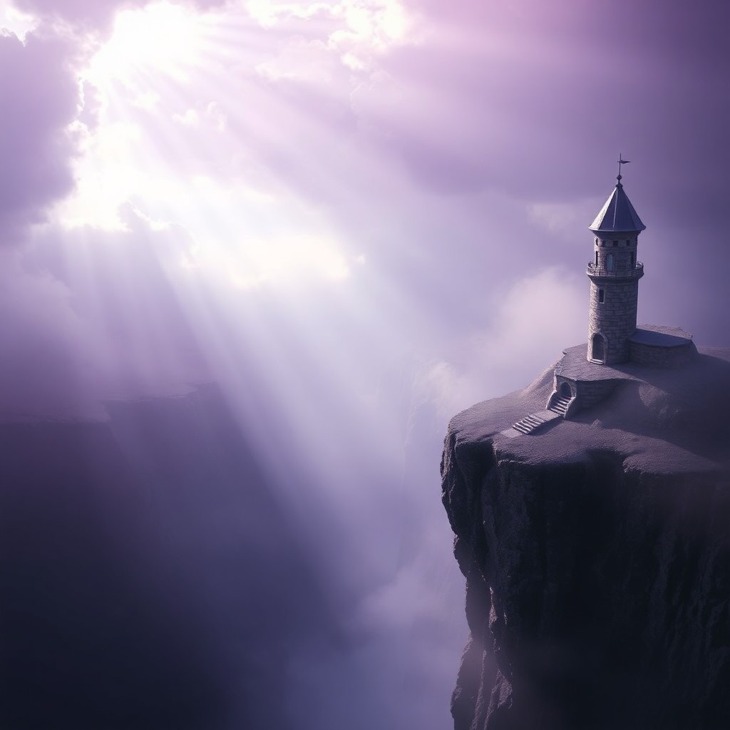 AI generated art for prompt: A fantastical digital art piece portrays an enigmatic tower on the brink of a foggy precipice, gazin