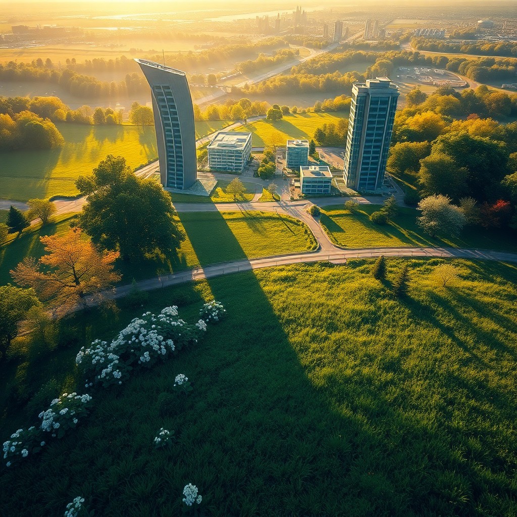 AI generated art for prompt: An aerial perspective reveals a tranquil meadow aglow in the soft light of golden hour, where an enc