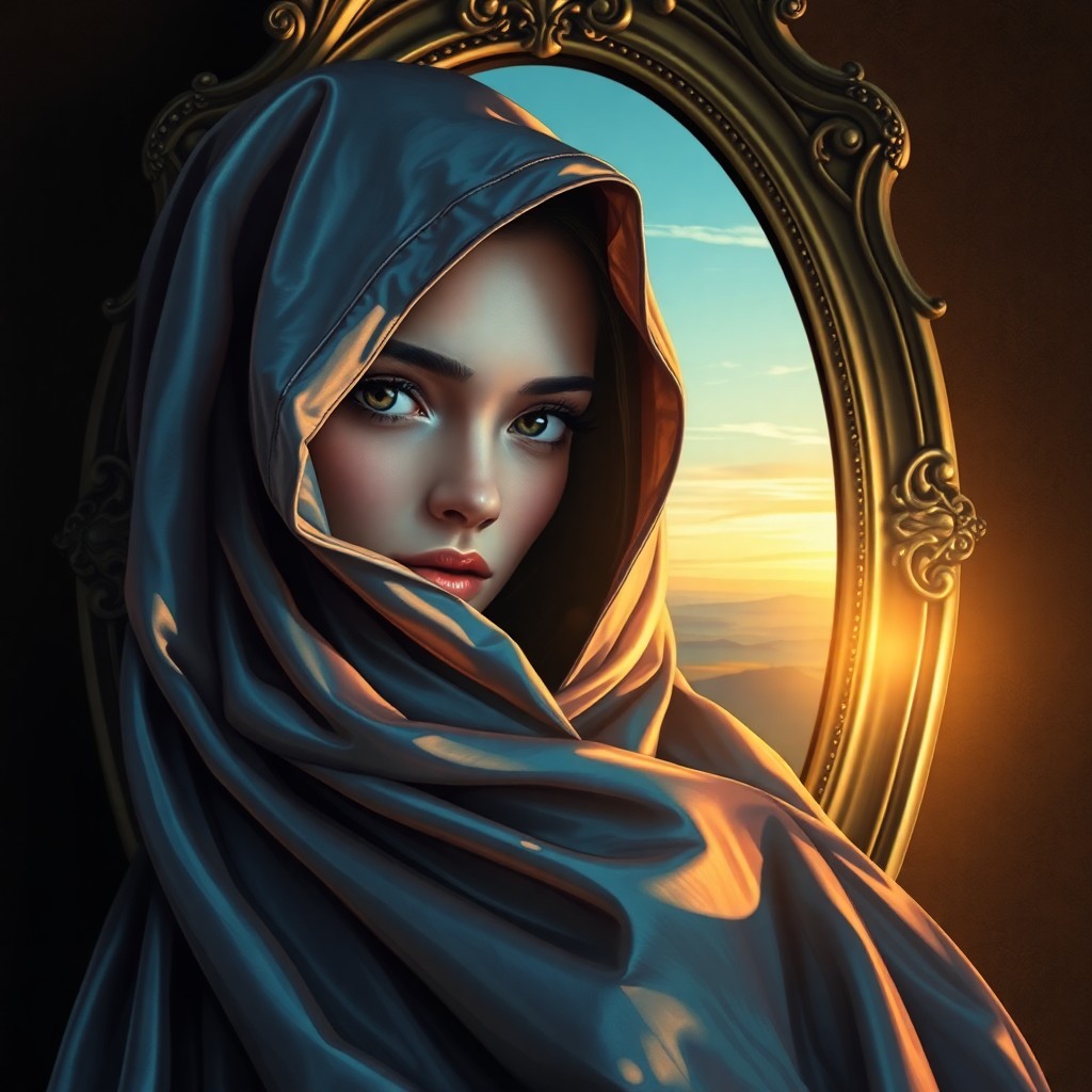 AI generated art for prompt: A digital art portrait captures a woman draped in an iridescent cloak, reminiscent of intricate illu