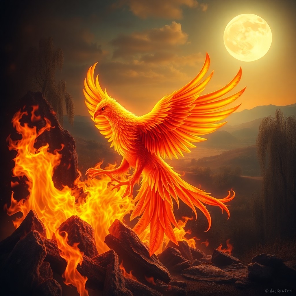 AI generated art for prompt: A magnificent phoenix emerges from a blazing fire in the foreground, its radiant gold and deep red f