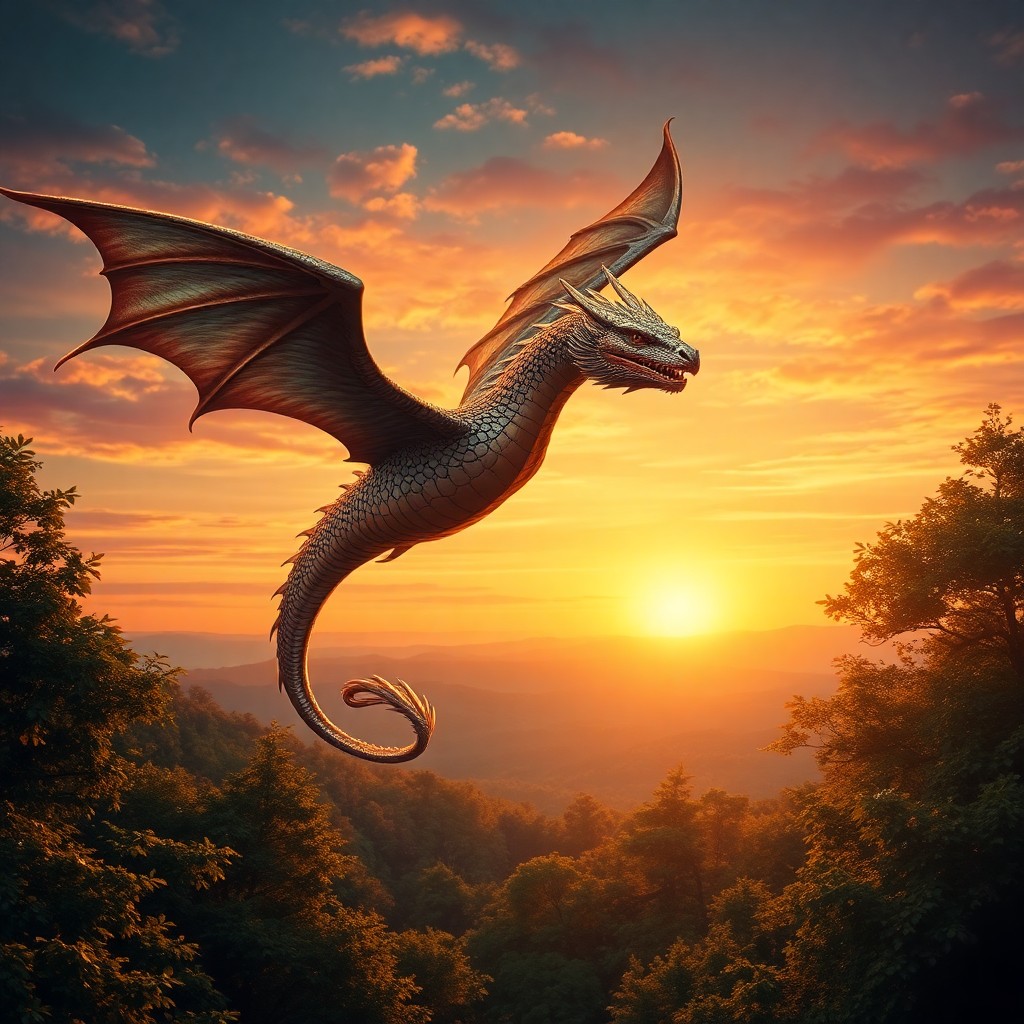 AI generated art for prompt: Create an enigmatic dreamscape featuring a majestic dragon with scales reflecting the majesty of a c