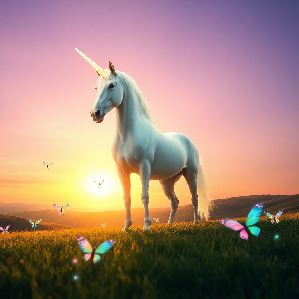 AI generated art for prompt: A majestic equine figure stands tall amidst a tranquil meadow, bathed in the soft golden light of su