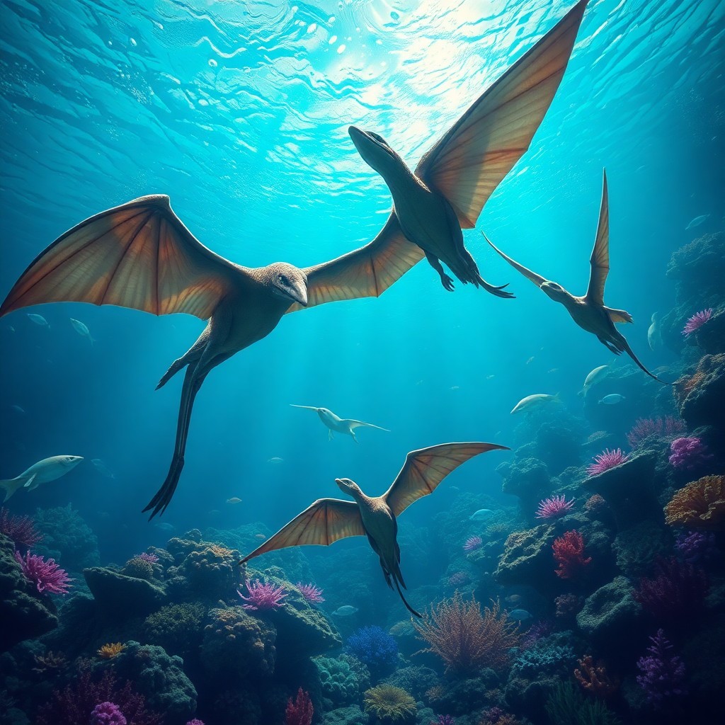 AI generated art for prompt: Imagine an enchanting underwater tableau reminiscent of James Gurney's Dinotopia series, where elega