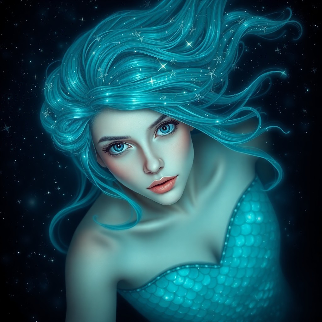 AI generated art for prompt: A captivating digital art portrait of an enchanting mermaid princess, half enveloped in a mesmerizin