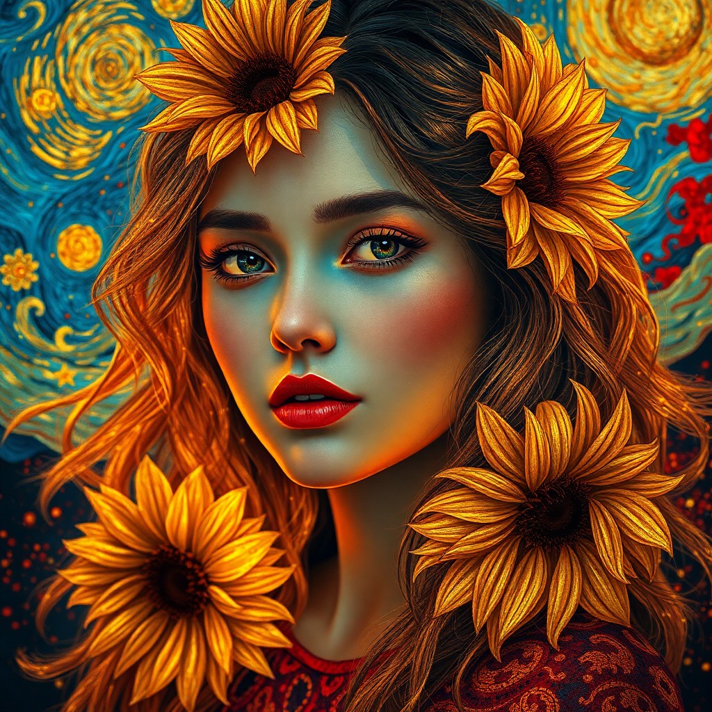 AI generated art for prompt: Craft an enchanting digital art piece that merges the mesmerizing styles of Klimt and Van Gogh, port