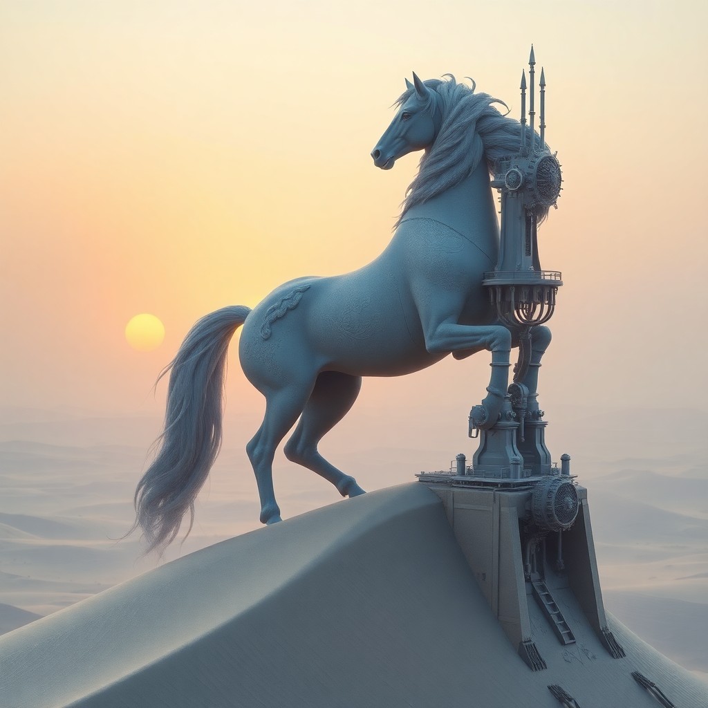 AI generated art for prompt: Craft an image in the surrealistic vein, depicting a fantastical scene where a regal equine creature