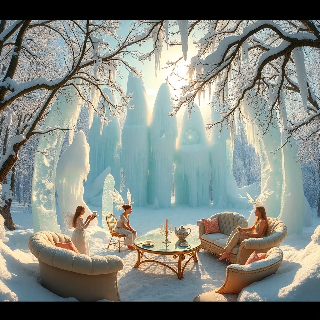 AI generated art for prompt: A panoramic digital artwork depicting an enchanting fusion between a tranquil winter forest and a wh