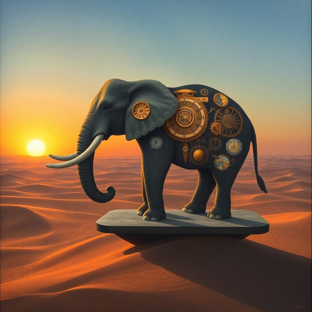 AI generated art for prompt: A surreal oil painting depicting a grand elephant with intricate clockwork integrated into its tusk 