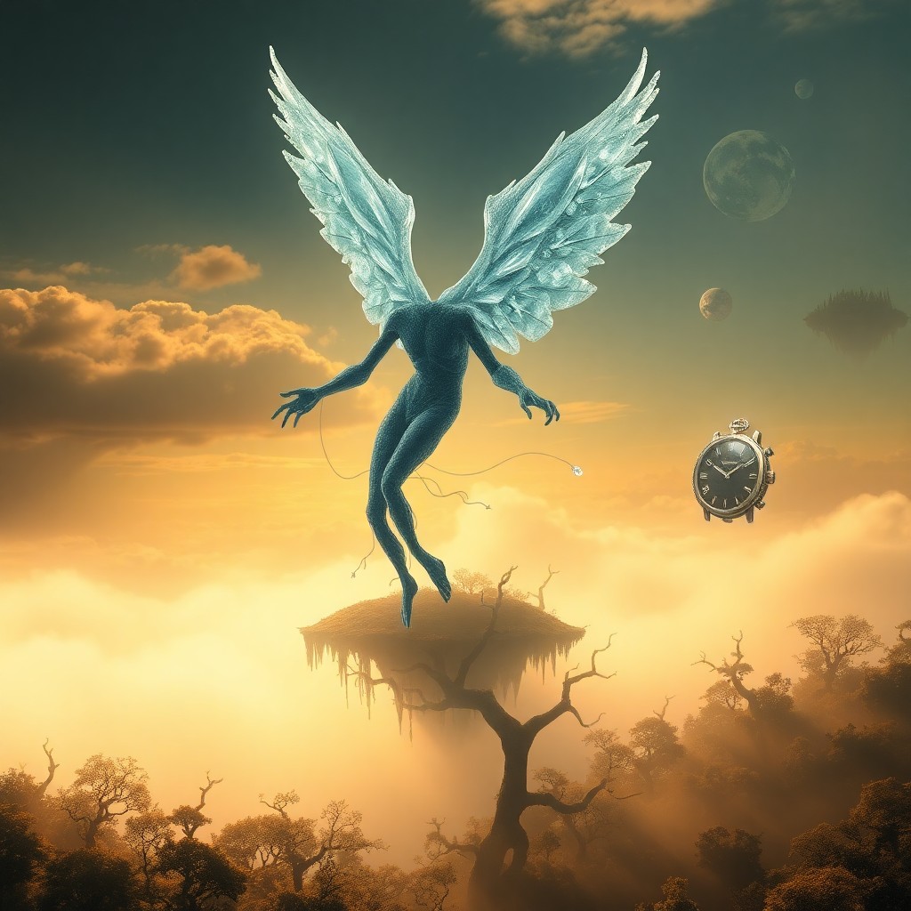 AI generated art for prompt: In the surrealistic style of dreamlike landscapes, an enigmatic figure with crystalline wings soars 