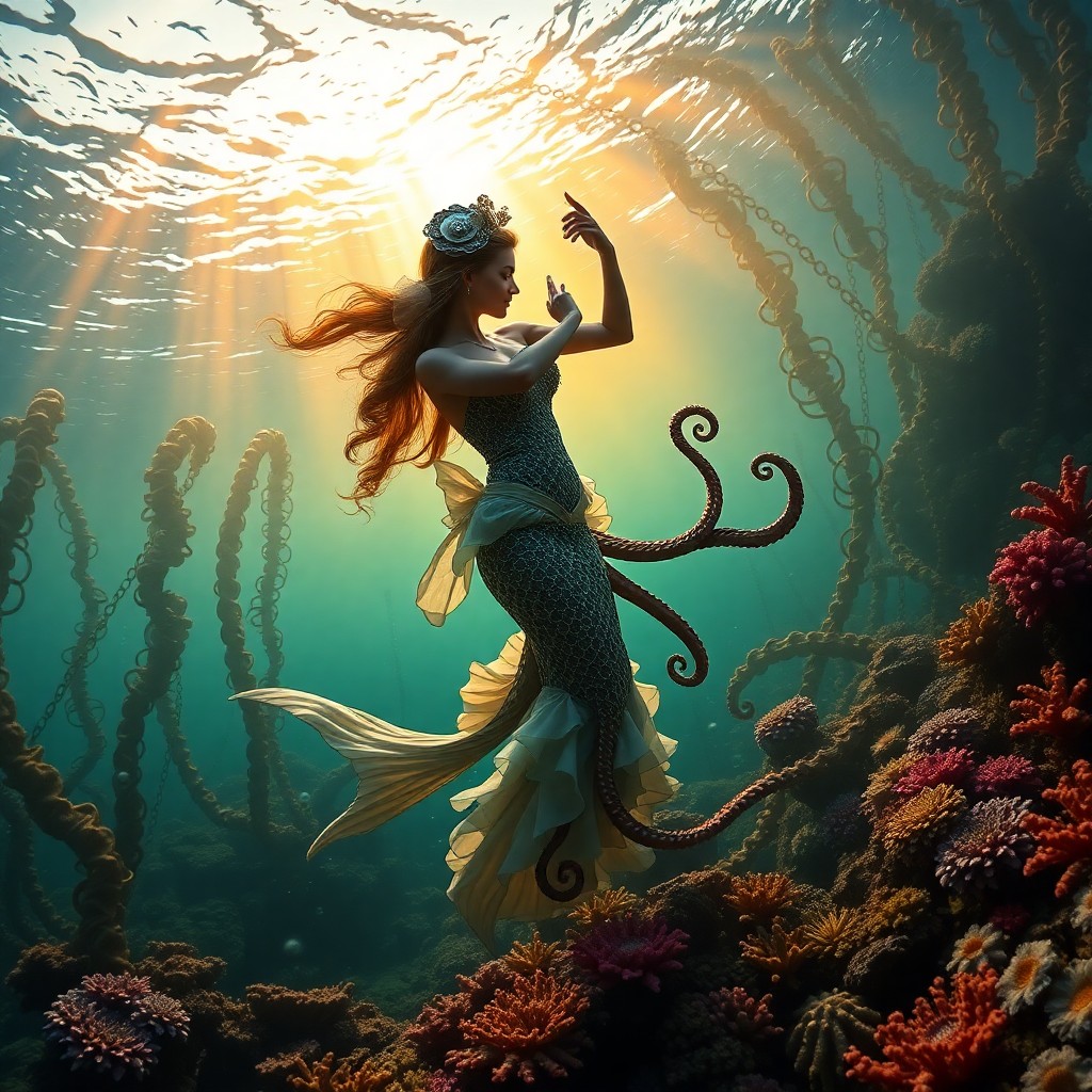 AI generated art for prompt: Envision an idyllic underwater realm bathed in the warm glow of golden hour light, where it filters 