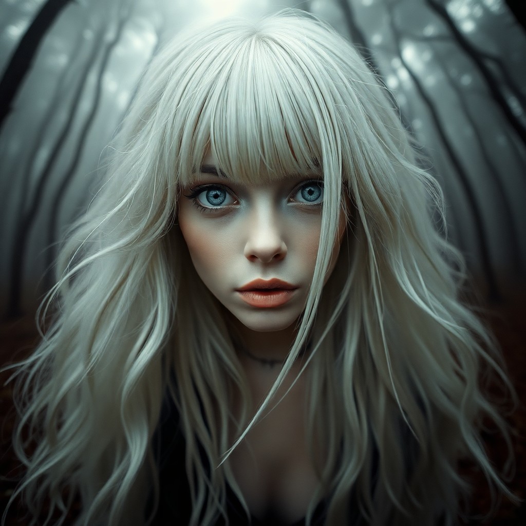 AI generated art for prompt: A surreal portrait of an enigmatic female figure with striking silver eyes and cascading white hair,