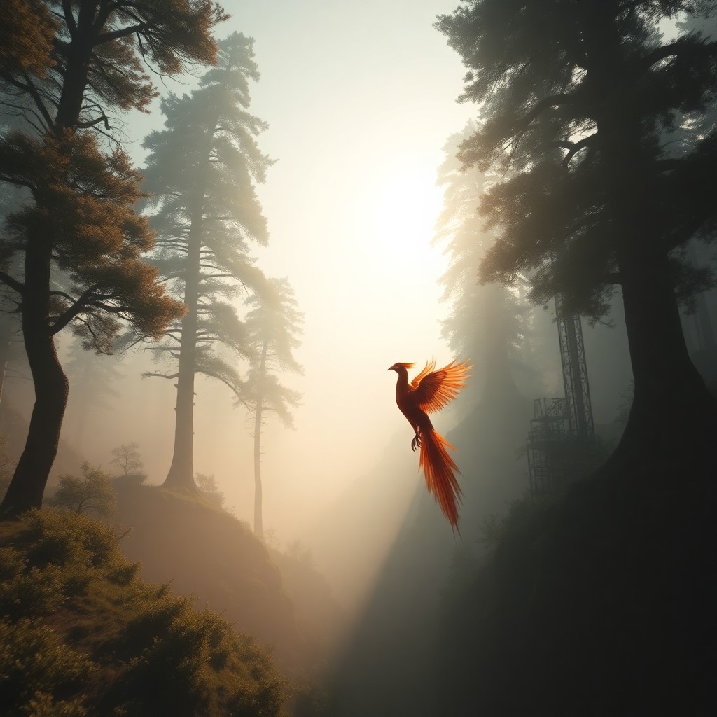 AI generated art for prompt: A surreal landscape is captured from an intriguing 'bug's-eye view', featuring a majestic phoenix wi