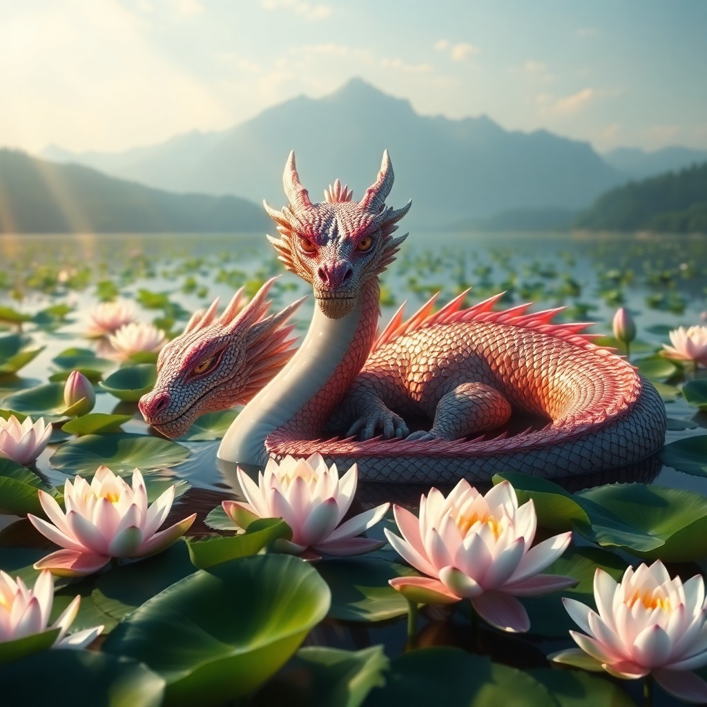 AI generated art for prompt: A serene digital artwork captures a majestic dragon peacefully resting in a tranquil lotus pond, its