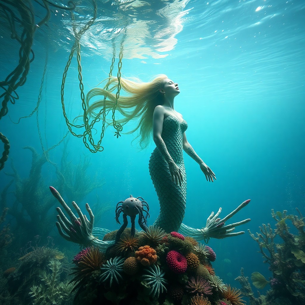 AI generated art for prompt: Create an enchanting underwater scene depicting a regal mermaid with scales gleaming like liquid jew