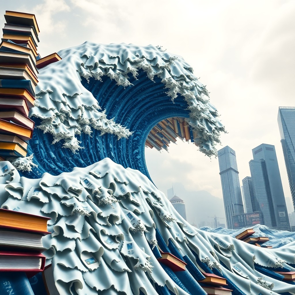 AI generated art for prompt: Craft an image combining the dynamic energy of Hokusai's "The Great Wave off Kanagawa" with surreal 