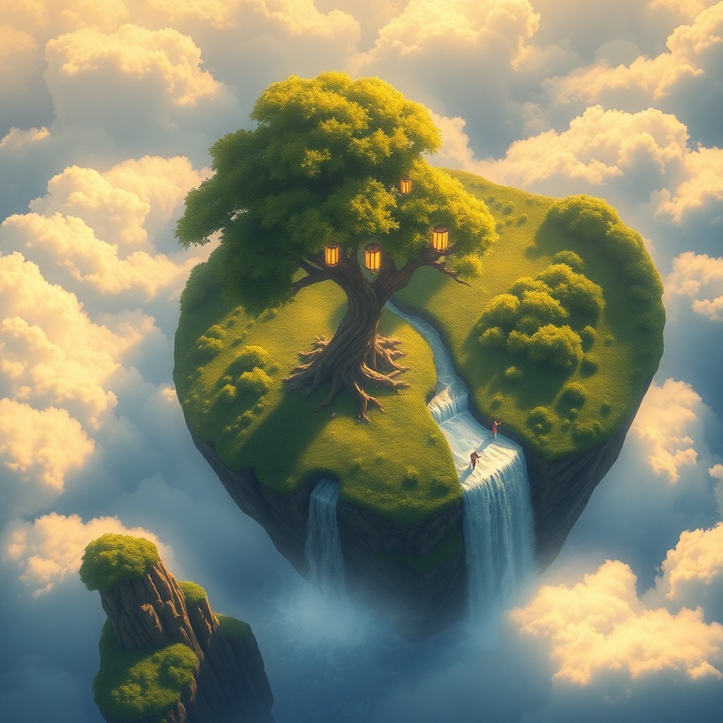 AI generated art for prompt: An imaginative digital illustration captures an aerial view of a mystical island floating amidst clo