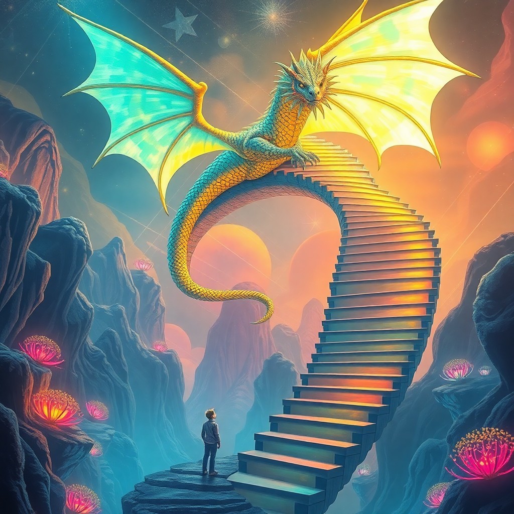 AI generated art for prompt: Imagine an awe-inspiring scene depicting an ethereal dragon poised atop a mesmerizing spiral stairca