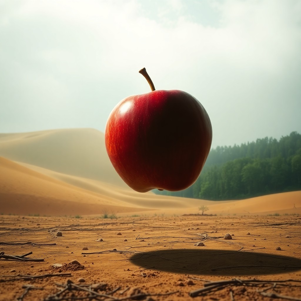 AI generated art for prompt: Craft an image characterized by surrealism, featuring an apple levitating above a mystifying landsca