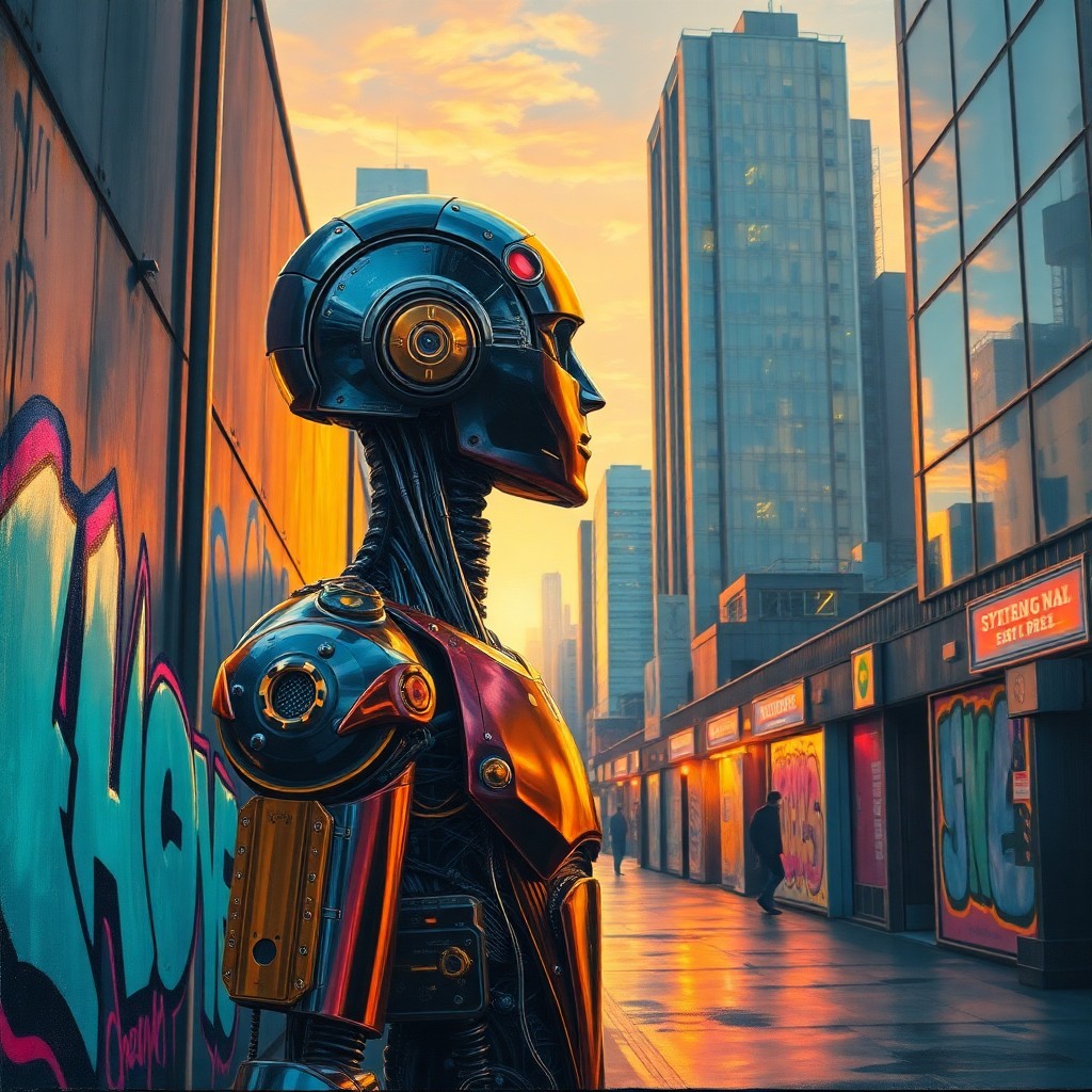 AI generated art for prompt: An intricate oil painting captures a cyberpunk alley at dusk, where an android with golden circuitry