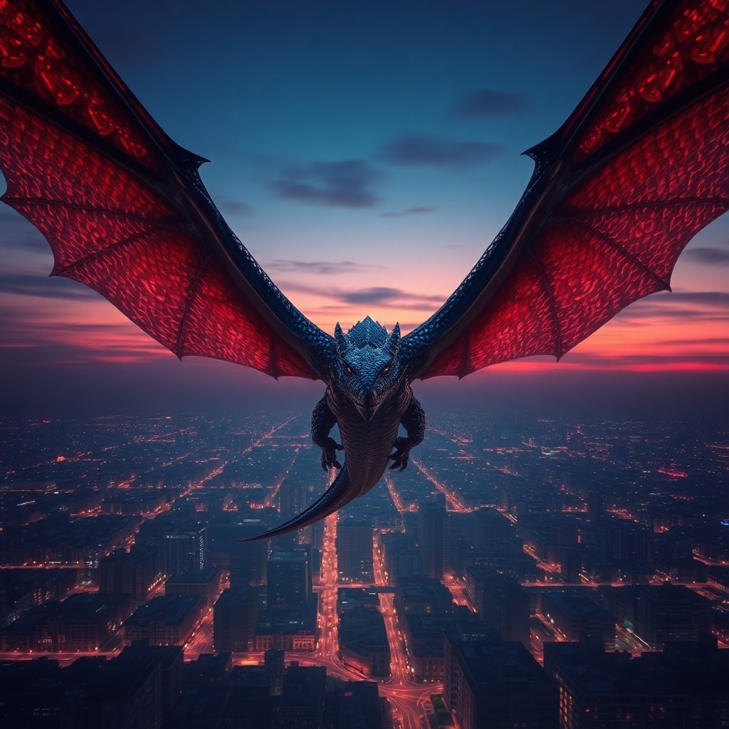 AI generated art for prompt: A majestic dragon with scales shimmering like iridescent gems soars above a sprawling city at dusk, 