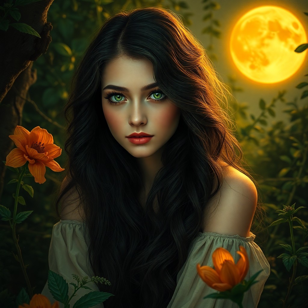 AI generated art for prompt: A portrait of an alluring enchantress with mesmerizing emerald eyes, her wavy midnight hair flowing 