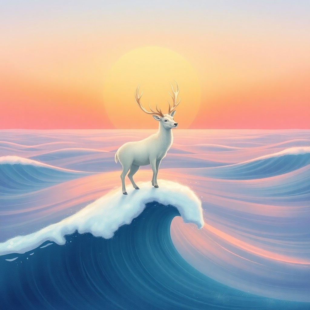 AI generated art for prompt: A dreamlike scene depicting an enchanting white stag with shimmering antlers gracefully standing ato