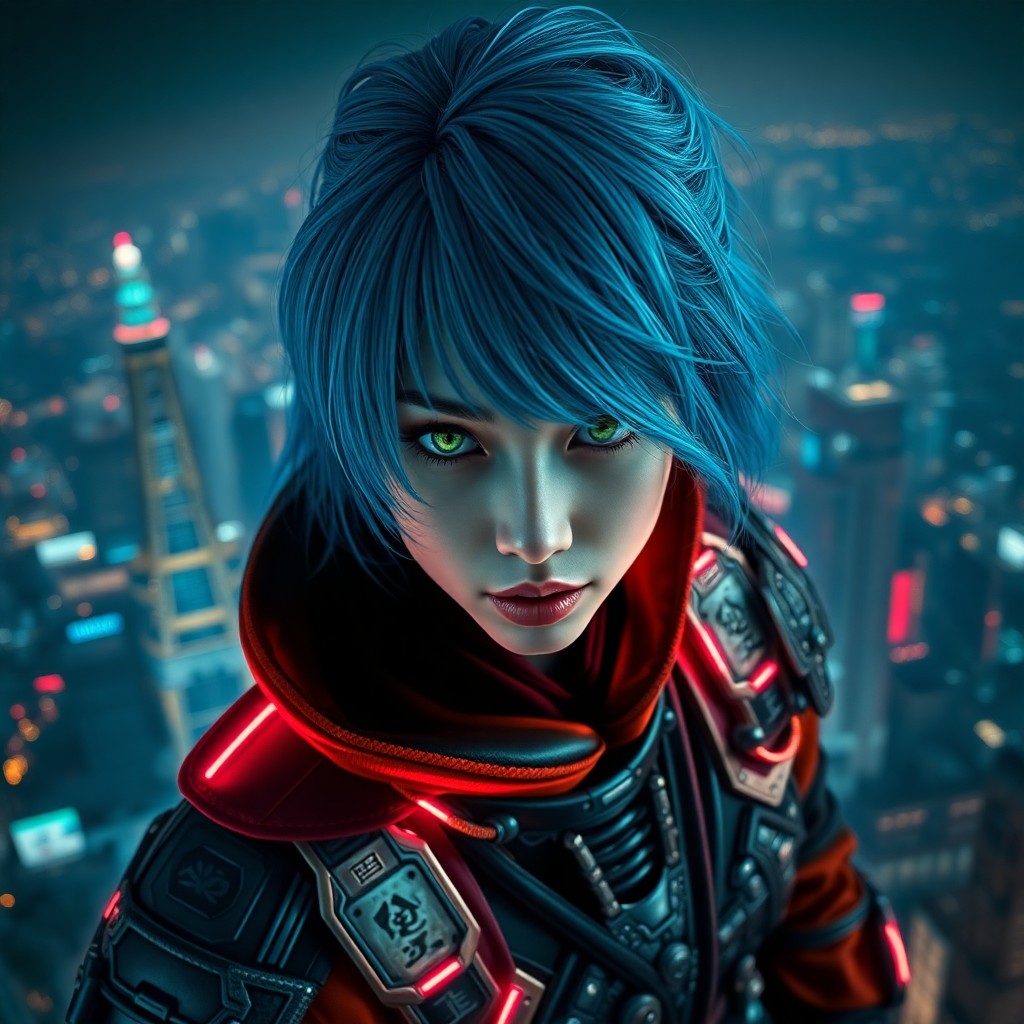 AI generated art for prompt: A portrait of a cyberpunk woman with electric-blue hair wearing intricate armor that combines elemen