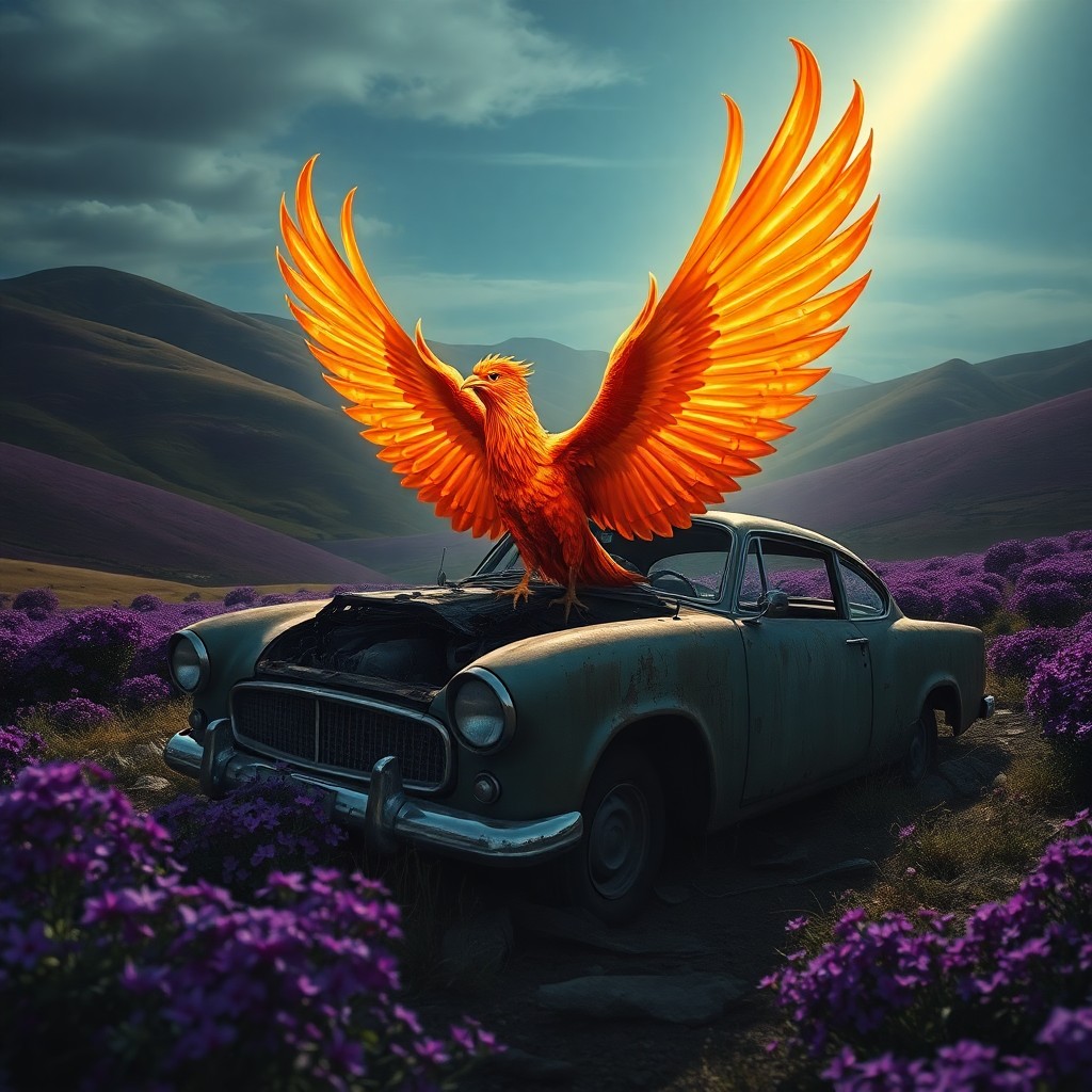 AI generated art for prompt: In the surrealistic style of a dreamlike landscape, visualize an awe-inspiring phoenix emerging from