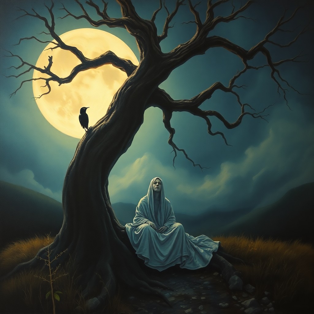 AI generated art for prompt: A mesmerizing oil painting captures a serene moonlit landscape with a solitary figure seated beneath