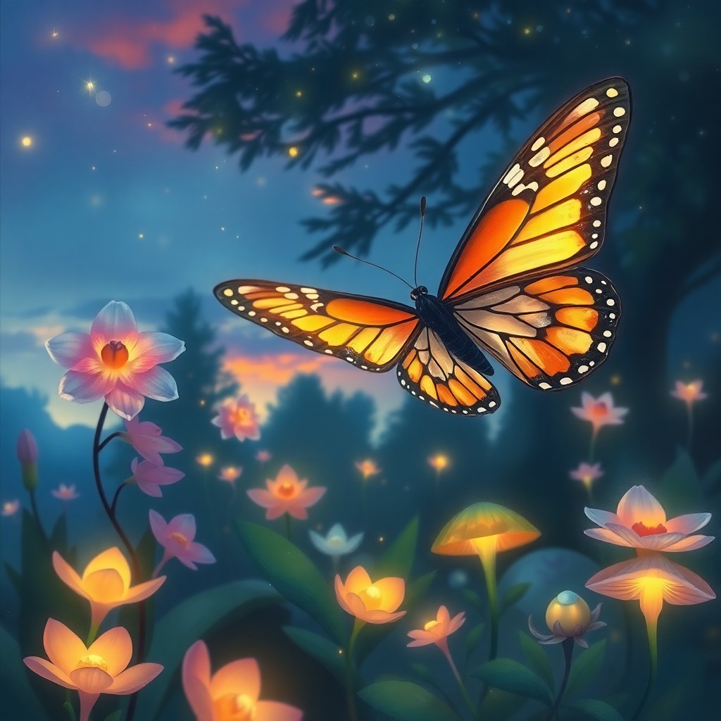 AI generated art for prompt: Craft an enchanting digital artwork portraying a 'bug's-eye view' from a magical butterfly as it dri