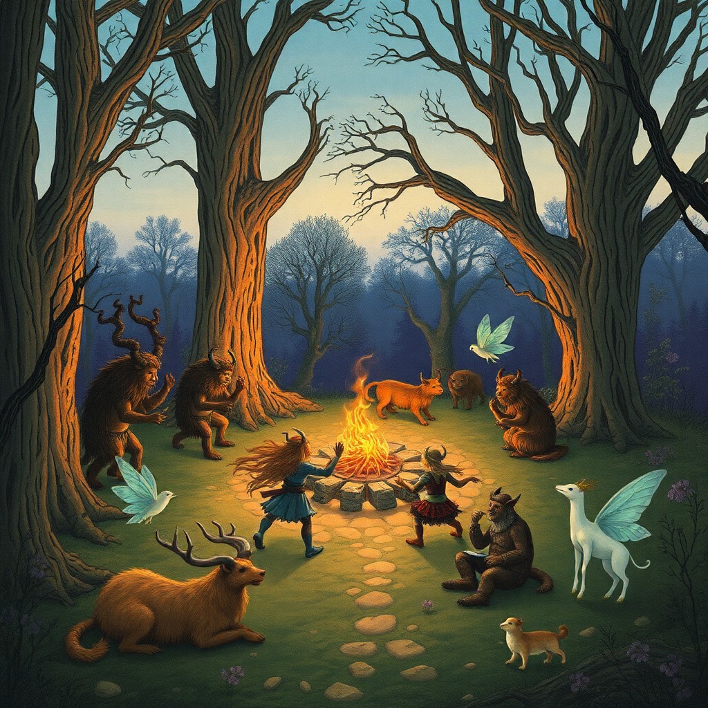 AI generated art for prompt: Craft an enchanting woodland gathering where mythical creatures from various realms convene in an ar