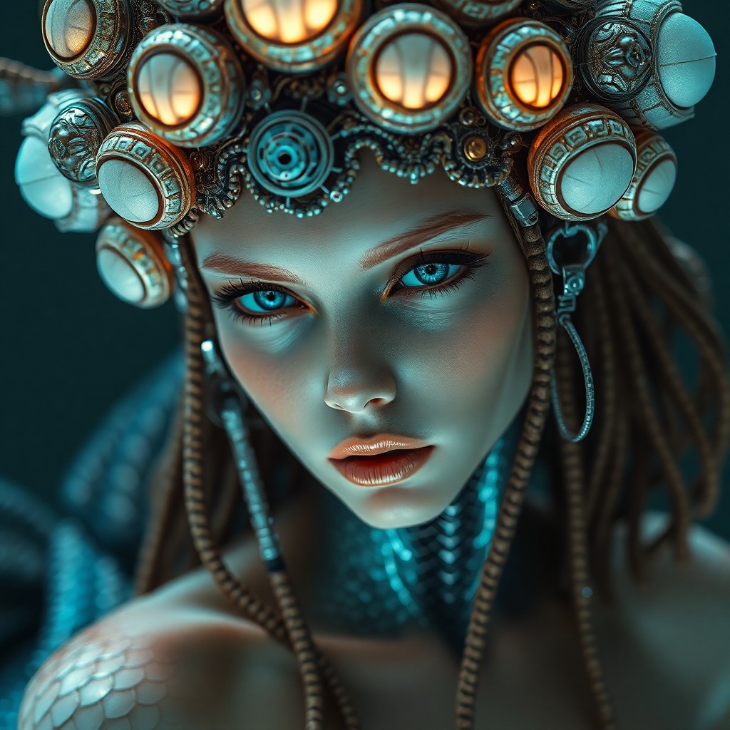 AI generated art for prompt: A hyperrealistic portrait of a cyborg mermaid, rendered in an art style that combines elements remin