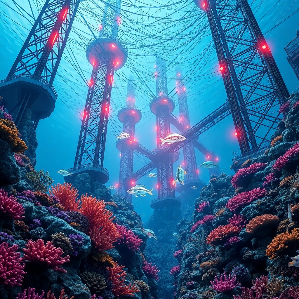 AI generated art for prompt: A surreal image depicting an underwater world where coral reefs intertwine with futuristic architect