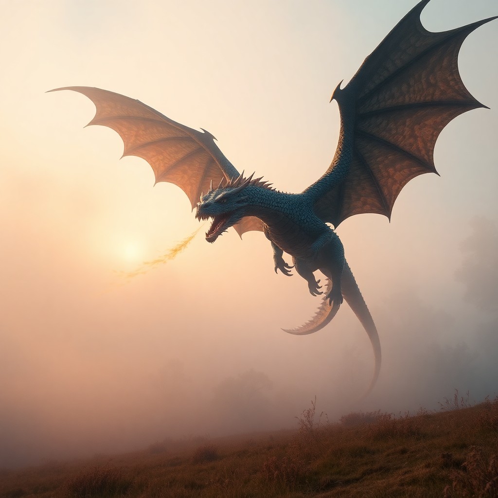 AI generated art for prompt: A fantastical scene depicts an awe-inspiring dragon in full flight, its scales shimmering like preci