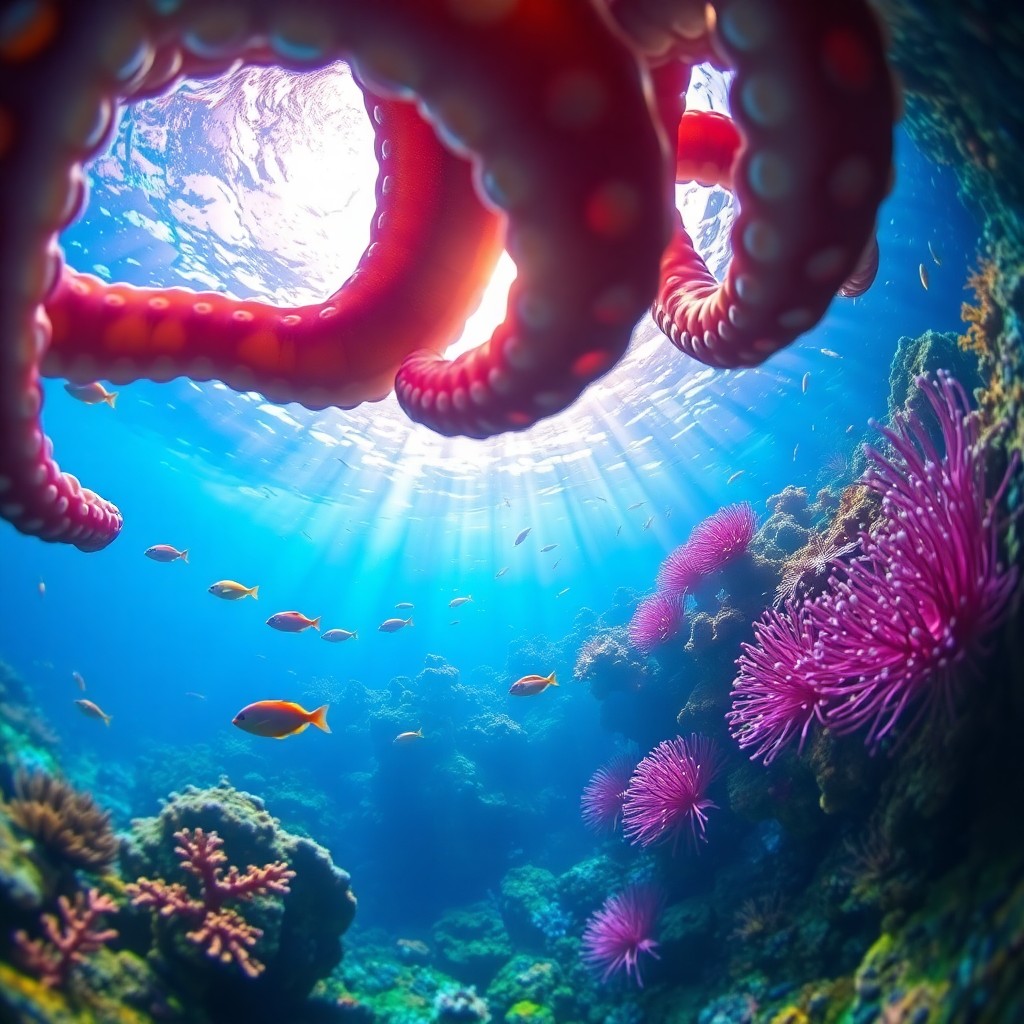 AI generated art for prompt: A surreal underwater scene captures a vibrant coral reef as viewed through an octopus's eye lens. Th