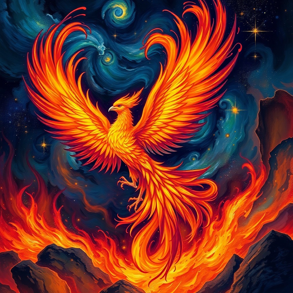 AI generated art for prompt: Imagine an awe-inspiring phoenix, its plumage ablaze with iridescent hues reminiscent of Vincent van