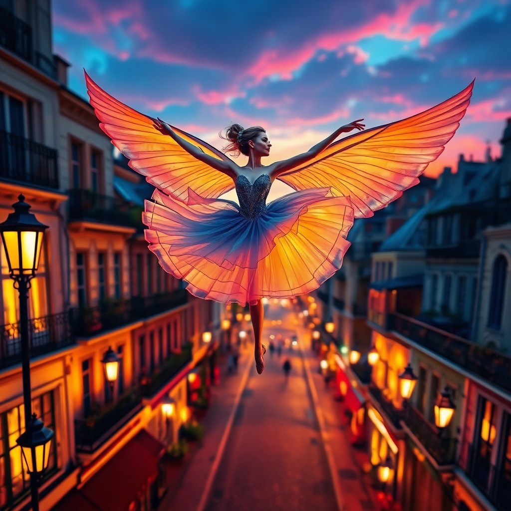 AI generated art for prompt: An enchanting dancer with gossamer wings reminiscent of Lautrec's famed Moulin Rouge performers eleg