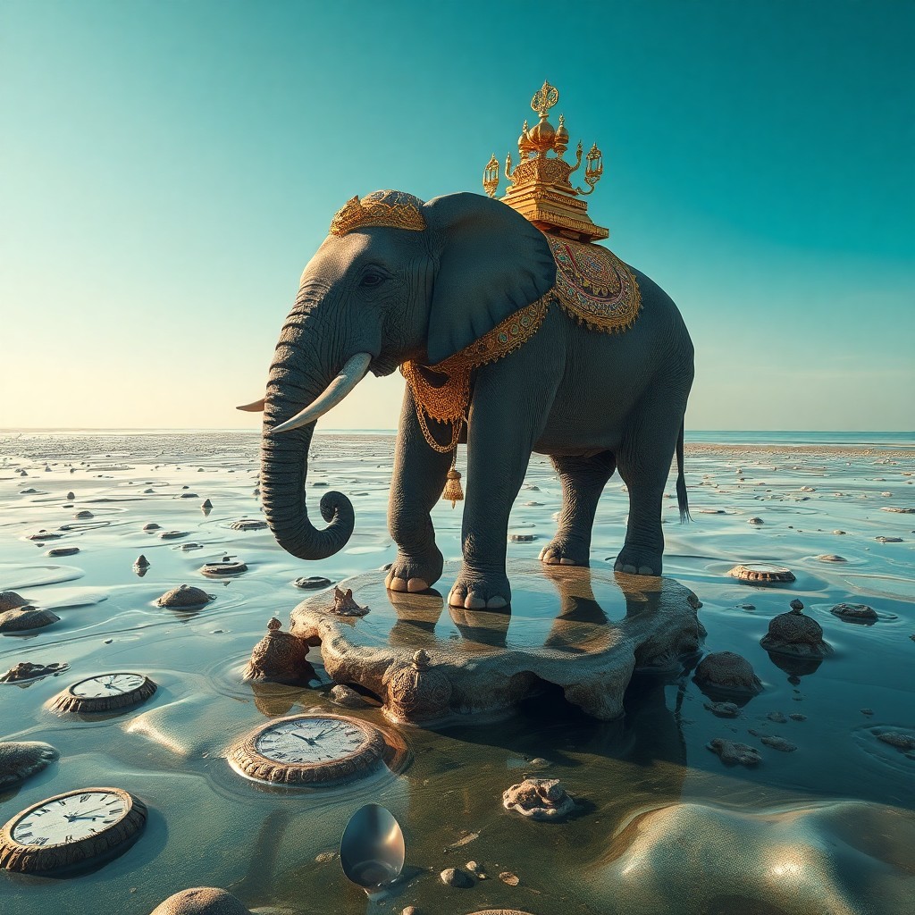 AI generated art for prompt: Immerse yourself in a surreal landscape where an awe-inspiring elephant stands atop a vast sea of li