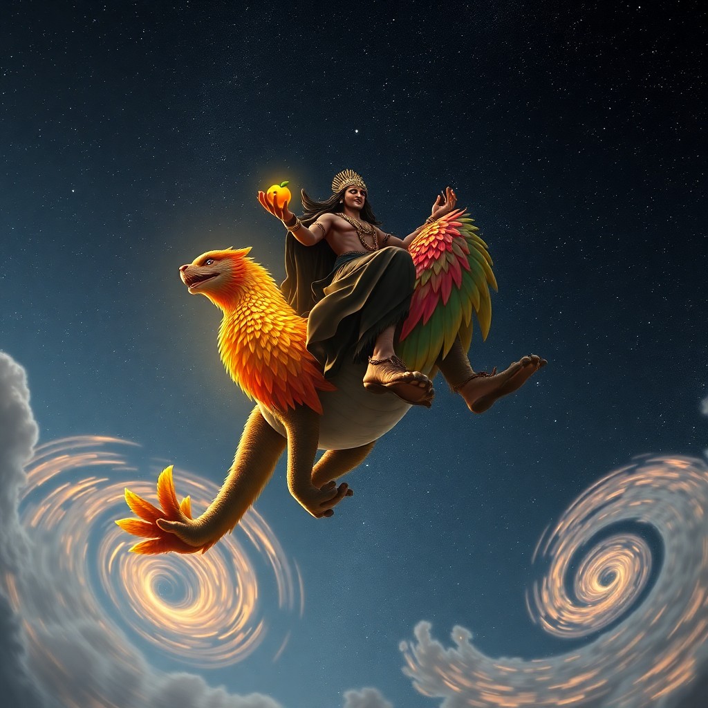 AI generated art for prompt: A surreal digital art scene depicts an ancient deity atop a resplendent mythical creature traversing