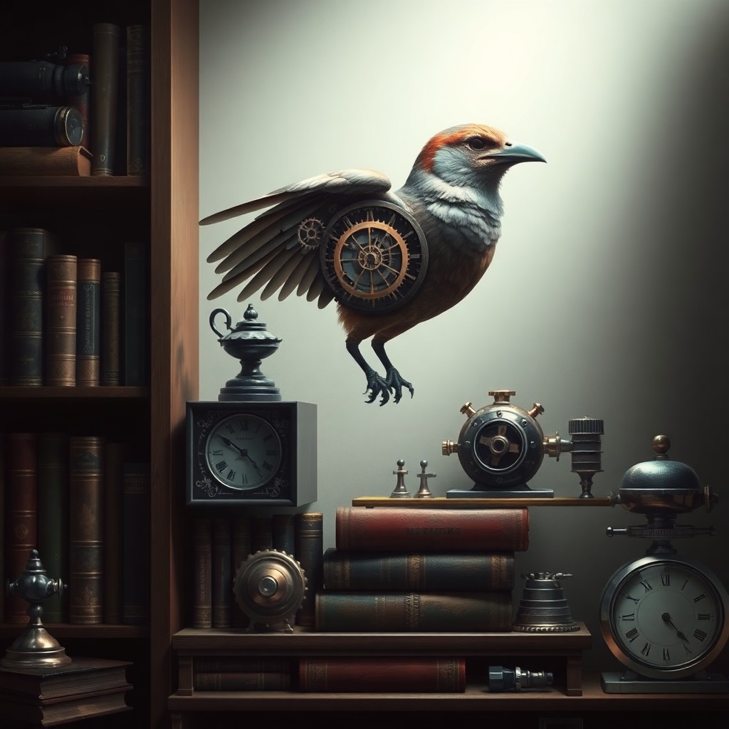 AI generated art for prompt: Create an enigmatic digital art composition reminiscent of surrealism, featuring a steampunk-inspire