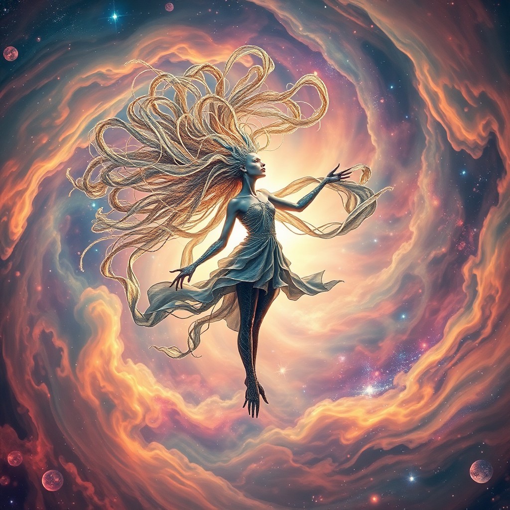 AI generated art for prompt: An enigmatic celestial entity with flowing stardust hair and cosmic scarves dances amidst a vivid ne