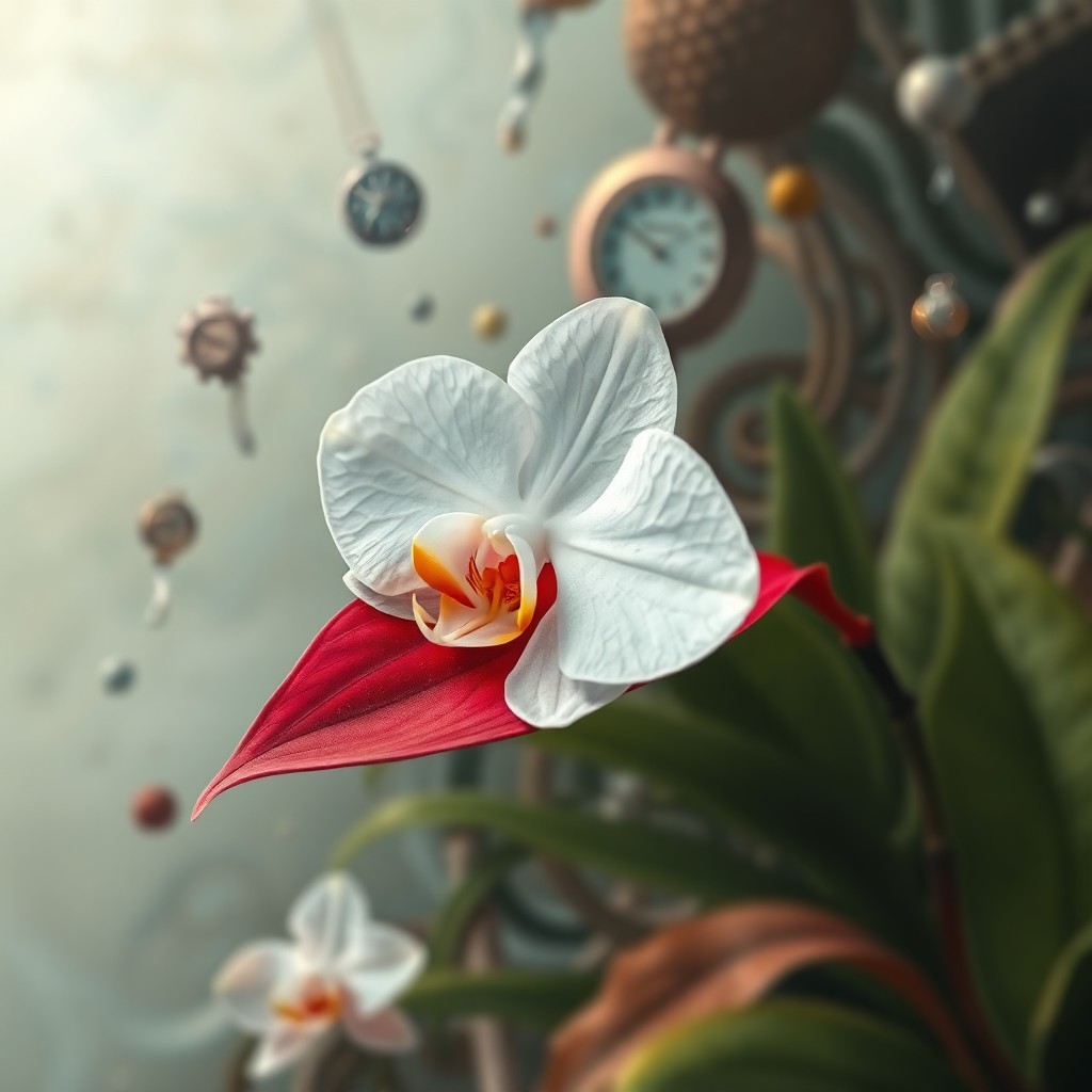 AI generated art for prompt: A surreal dreamscape merges a tranquil garden with an abstract backdrop, viewed from an insect's eye