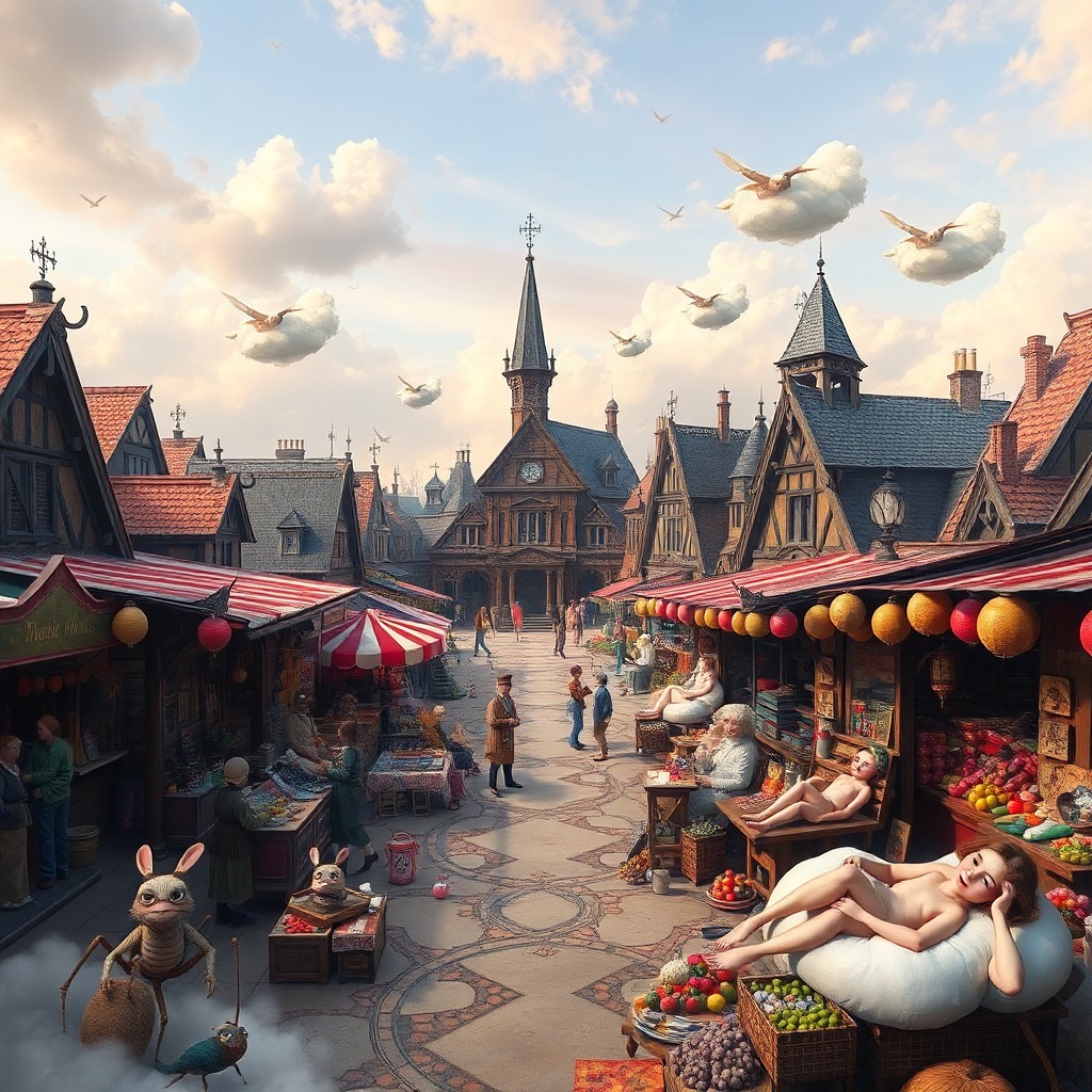 AI generated art for prompt: A surreal digital artwork captures a Victorian-era market town transformed into an enchanting dreams