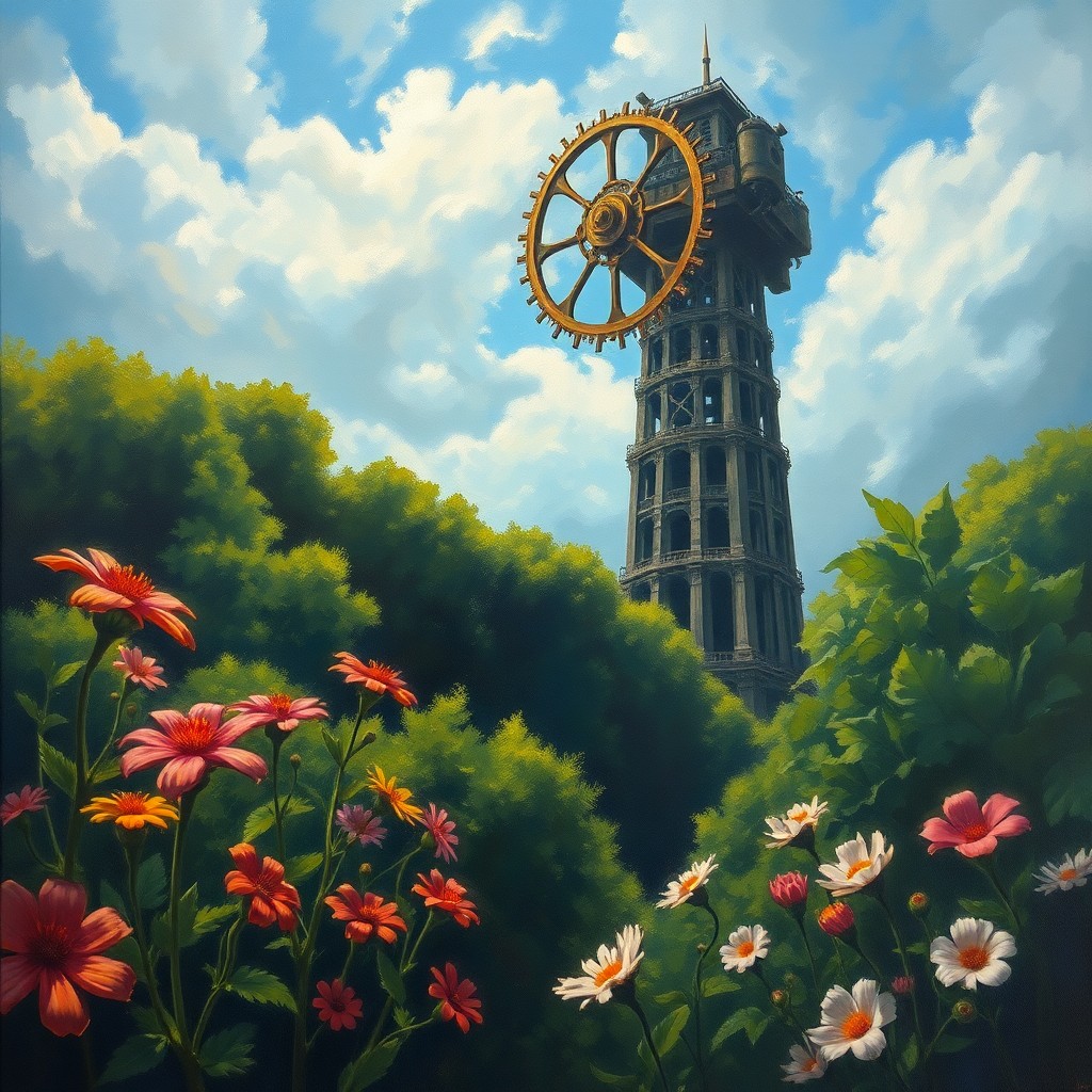 AI generated art for prompt: An oil painting dreamscape captures a serene garden scene from an elevated perspective. In the foreg