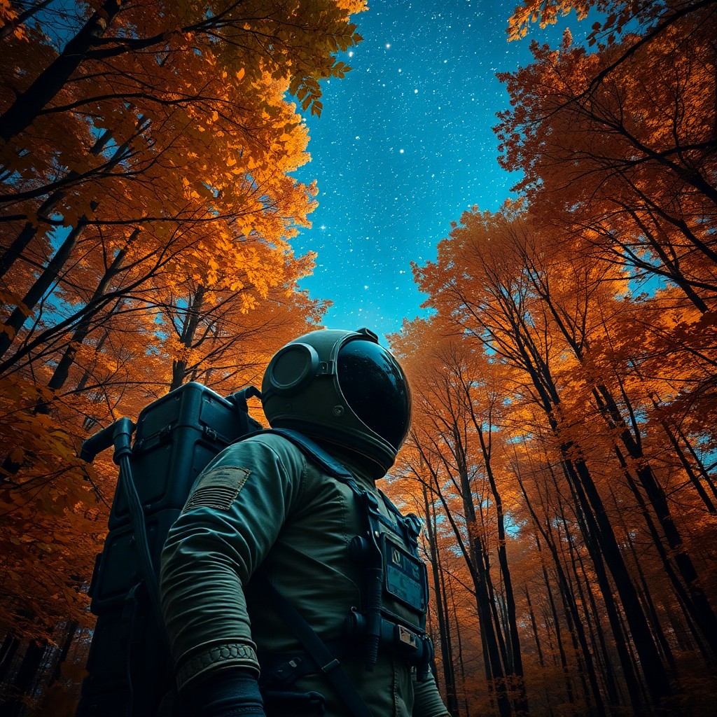 AI generated art for prompt: A mesmerizing digital artwork blends realism with fantasy, depicting an astronaut alone in a dense f